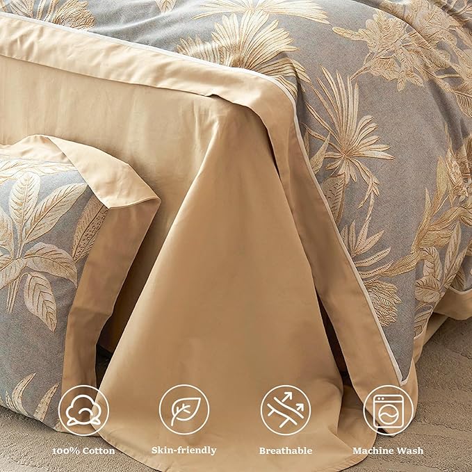 100% Cotton Duvet Cover Queen Size Set - Luxury Botanical Patterned, Soft Breathable & Skin-Friendly Comfort for All Season, Includes 1 Duvet Cover 90"x90" + 2 Pillowcases