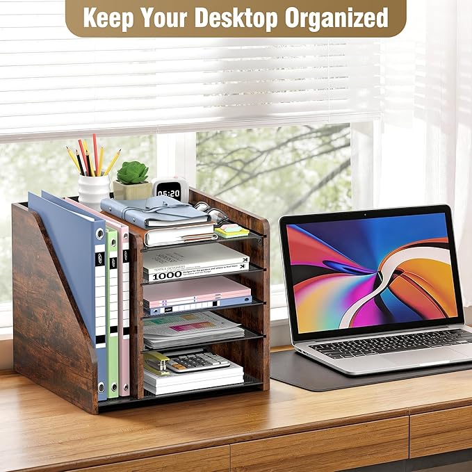 Desktop Storage with File Rack, 5-Layer Paper Letter Tray Storage, mesh Desktop Storage, and Storage Device with Office Supplies and Magazine Rack-Wood Grain