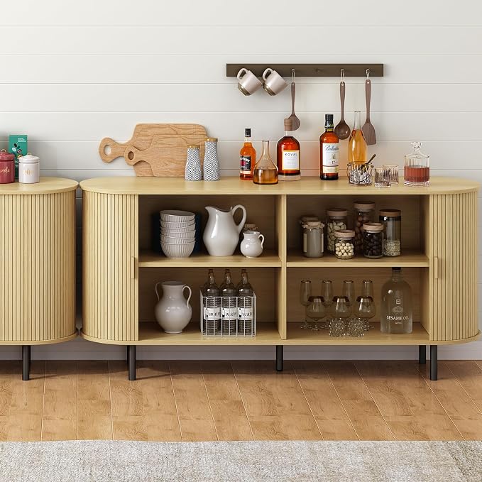 ONBRILL 63" Sideboard Buffet Cabinet with Storage, Storage Cabinet with Sliding Door & Adjustable Shelf, Modern Accent Coffee Bar Console Table for Kitchen, Entryway, Oak