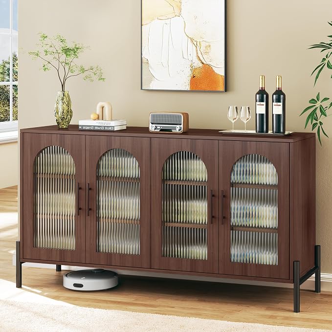 HUAHUU 55" Buffet Cabinet with Storage, Large Sideboard Buffet Cabinet with 4 Doors & 2 Adjustable Shelves, Modern Sideboard Storage Cabinets for Kitchen Living Room Entryway, Walnut