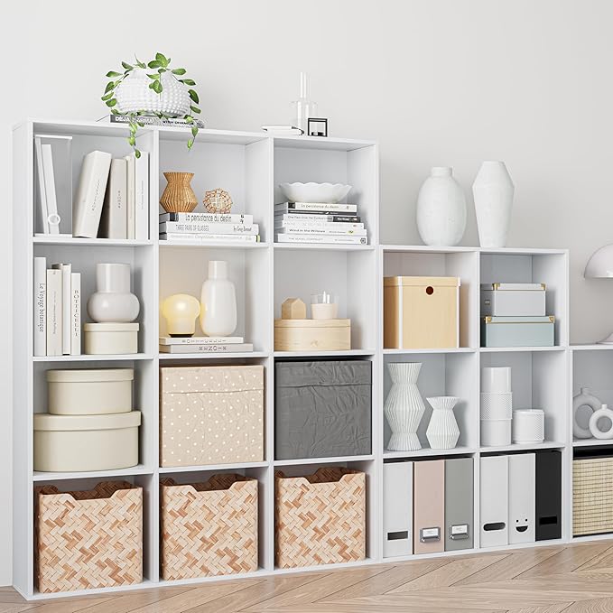 VDNEND Wooden Storage Organizer with Closed Back Panel, 11in Cube Shelf Opening, Bookshelf, Display Shelf,Closet Cabinet for Home and Office (Embossed White, 9-Cube 35.98L*9.45W*35.91H)