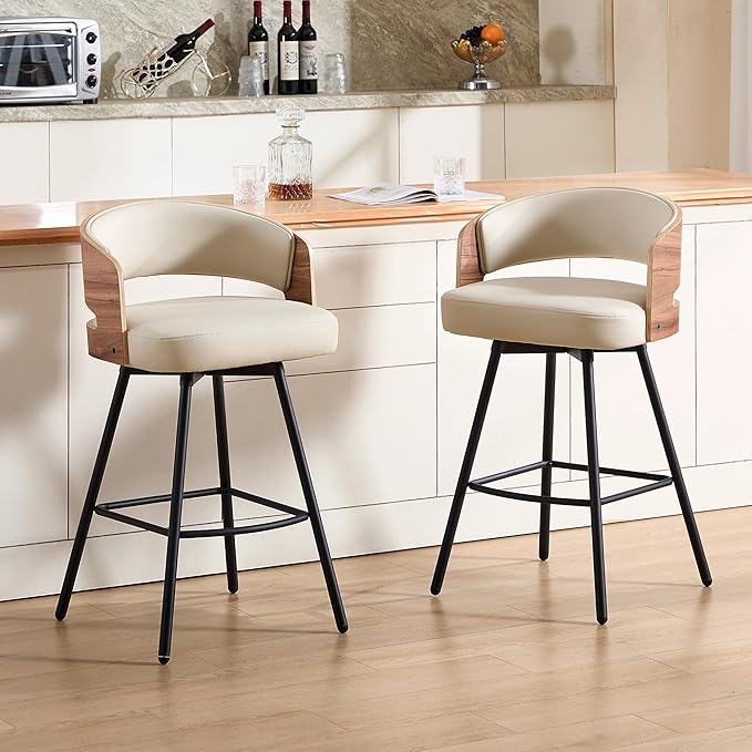 Swivel Bar Stools Set of 4, 26" Counter Height Bentwood Barstool, Upholstered Faux Leather Barstools with Walnut Back, Mid Century Modern Bar Chairs for Kitchen Island, Bar