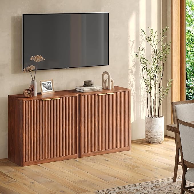 Evermagin 63" Walnut Buffet Cabinet with Storage, Large Sideboard Cabinet, Mid Century Modern Accent Credenza, Fluted Console Table with Doors for Dining Room, Kitchen, and Living Room