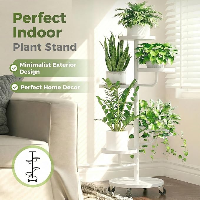 Bamworld Tall Plant Stand Indoor Outdoor Metal Plant Stands with Wheels 5 Tiered Corner Plant Holder Heavy Duty Flower Stand for Multiple Pots Planter Stand for Patio Balcony Living Room (White)