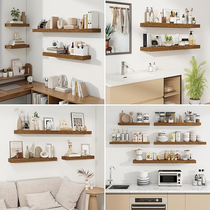 fuqing Floating Shelves for Wall, Wall Mounted Wood Floating Shelf with Invisible Brackets for Living Room, Bathroom, Bedroom, Kitchen Storage and Decor, 40 Inch Set of 2, Rustic Brown