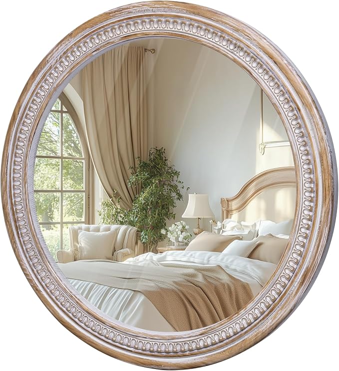 HOITUZYUS 36 Inch Rustic Farmhouse Round Mirror for Wall Decor, Boho Wooden Circle Decorative Mirrors for Bathroom Over Sink, Living Room, Entryway, Bedroom, Hallway