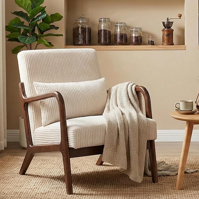 Accent Chairs, Mid Century Modern Chair with Pillow, Arm Chair with Solid Wood, Reading Relaxing Leisure Chair for Living Room, Waiting Room, White