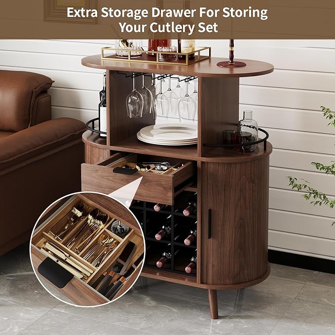 Wine Bar Storage Cabinet, Coffee bar Cabinet for Liquor with Open Wine Rack & Sliding Doors, Modern Home Bar for Living Room, Kitchen, Dining Room (Walnut)