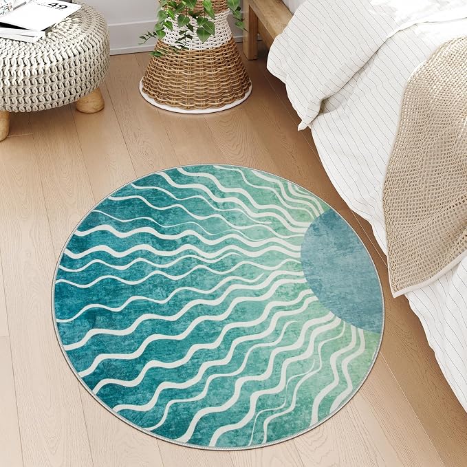 Wonnitar Sun Print Boho Round Rugs, 4ft Small Round Rug Washable Green Circle Carpet, Soft Non Slip 4 Feet Mid Century Circular Dining Room Carpet for Entryway Bedroom, Teal/Multi