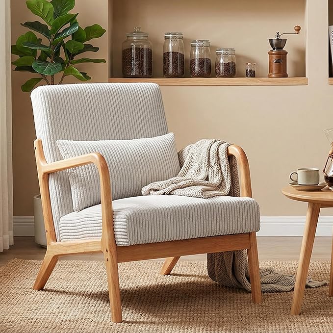 HjaustevyAccent Chairs, Mid Century Modern Chair with Pillow, Arm Chair with Solid Wood, Reading Relaxing Leisure Chair for Living Room, Waiting Room, Beige