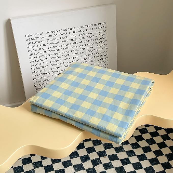 mixinni Plaid Duvet Cover Set Queen Yellow - Soft Washed Cotton Modern Geometric Bedding Set with 2 Pillowcases, Blue Green Gingham Grid Queen Duvet Cover for Men & Women, Soft & Lightweight