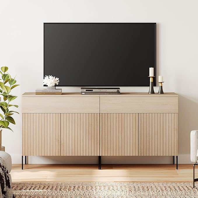 WAMPAT 63" W Large Sideboard Buffet Cabinet with Storage, 2 in 1 Fluted Sideboard Buffet with 4 Doors, Wooden Buffet Table, Coffee Bar Wine Bar Cabinet for Kitchen, Dining Room, Living Room, Beige