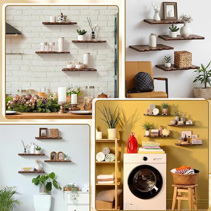 Pinkunn 4 Pcs Floating Shelves for Wall Rustic Wooden Floating Shelf Wooden Shelves for Bathroom Living Room Bedroom Kitchen Wall Mounted Live Edge Pine Shelf(Walnut Wood Color,15.75 Inches)