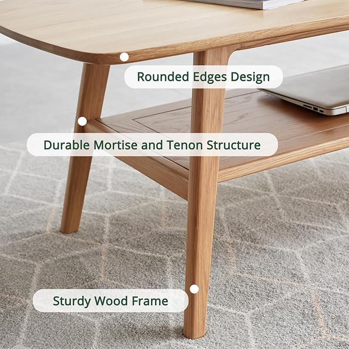 Mid Century Modern Coffee Table: 100% Solid Wood Coffee Table - 2-Tier Storage Design - Practical Coffee Tables for Living Room, Apartment, Easy Assembly (Natural, 39.37")