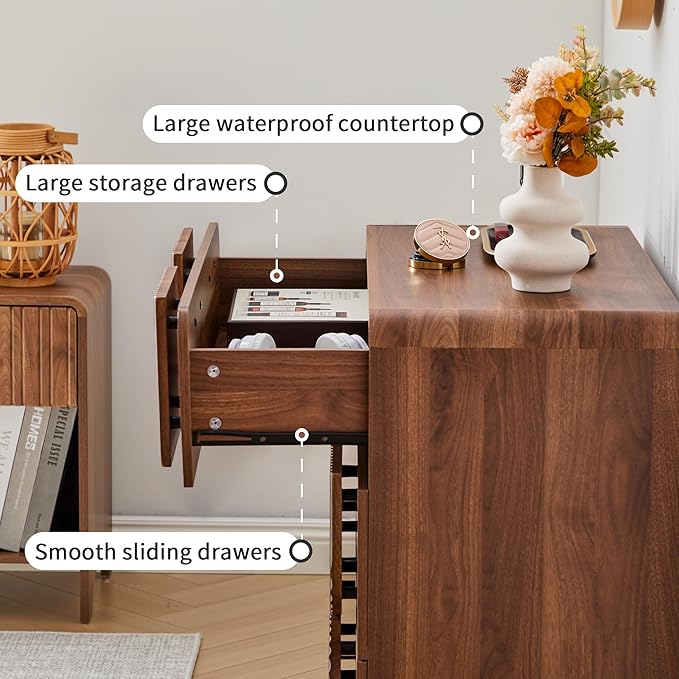 3 Drawer Dressers for Bedroom, 31.5" Wide Large Mid Century Modern Fluted Nightstand 2 Sets, Wood Dresser & Chest of Drawers with Curved Profile for Living Room, Entryway, Hallway Walnut