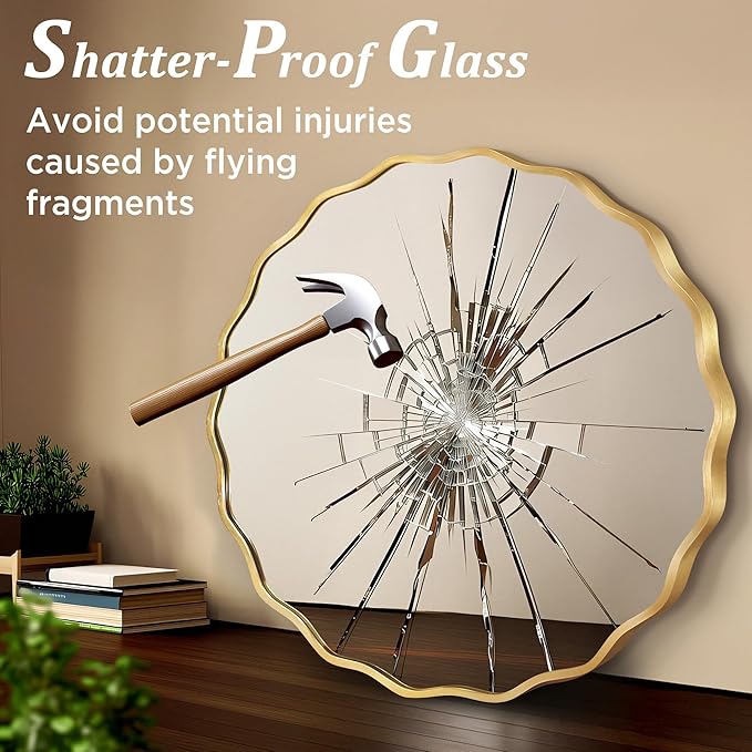 Gold Round Mirror for Wall, 24"x24" Decorative Wavy Bathroom Mirror with Brushed Alloy Steel Frame & Shatter-Proof Glass, Hanging Circle Wall Mirrors for Bathroom, Entryway, Bedroom