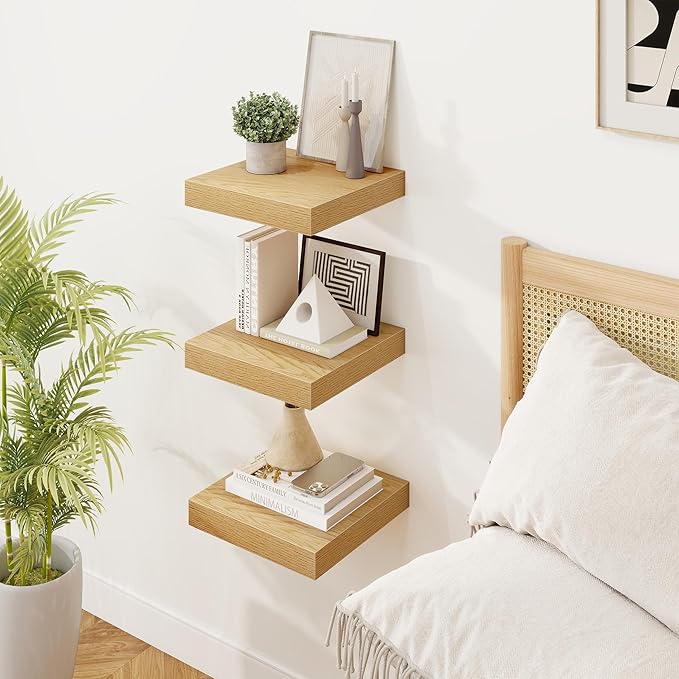 Marsmiles Square Floating Shelves for Wall, 12" W x 12" D x 1.5" H, 3 Pack Small Wall Mounted Engineered Wood Shelves with Invisible Brackets for Living Room, Bedroom, Bathroom, Kitchen Decor, Oak