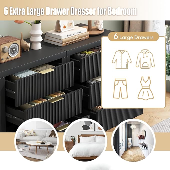 Nightstand with 3 Drawers, Dresser and Nightstand Sets, Bedside Tables, Mid Century Nightstands with 3 Wide Drawers for Bedroom, Kids’ Room, Hallway - Black