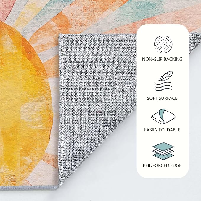 6x9 Boho Sun Area Rug Retro Orange Yellow Blue Beige Bedroom Rug Low Pile Thin Large Carpet Living Room Non Slip Dining Room Stain Resistant Office Washable Machine Classroom