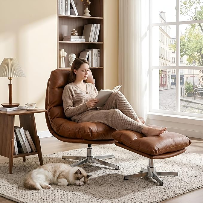 Swivel Accent Chair with Ottoman, Mid Century Modern Faux Leather Lounge Chair with footrest, Comfy Oversized Armchair with 360 Degree Metal Base for Living Room/Bedroom, Brown