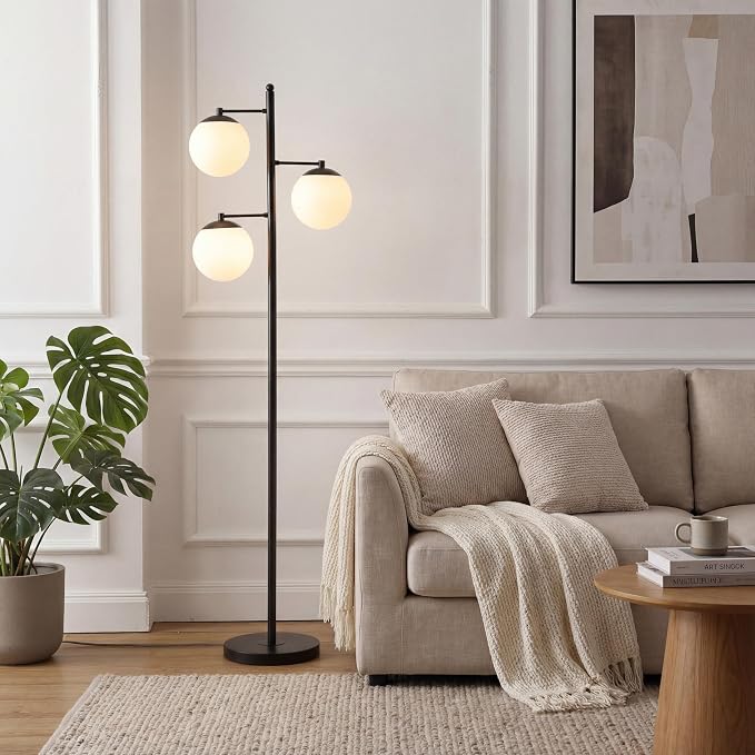 JONATHAN Y 66" Black Modern 3-Light Metal Cylinder Floor Lamp Mid-Century Tree Standing Lamp for Living Room Bedroom with White Glass Globe Shades LED Bulbs Included JYL3087B