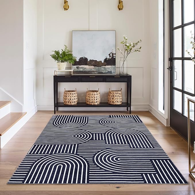 Washable Rug 8x10 Area Rugs for Living Room, Abstract Rug for Bedroom, Soft Rainbow Non Slip Throw Rugs with Rubber Back, Low Pile Stain Resistant Boho Geometric Carpet for Dining Room, Blue