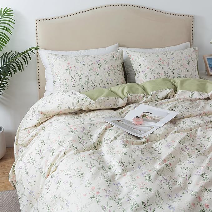 HoneiLife Floral Duvet Cover King - 100% Cotton Comforter Cover, Botanical Bedlinen Set for King Beds, 3-Piece Wildflower Comforter Cover Sets