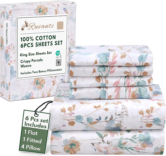 RUVANTI 100% Cotton Percale Sheets King Size 6 Piece Set, Cooling Bed Sheets for Hot Sleepers, Deep Pocket 16”, Breathable Lightweight & Durable, Crisp Hotel Style Sheets, Radiant