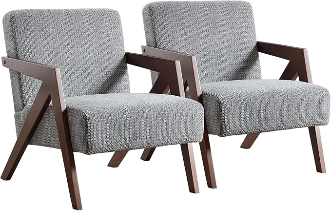 Bonzy Home Mid-Century Modern Accent Chair Set of 2 with Wood Frame, Upholstered Armchair for Bedroom & Living Room, Linen Fabric Cushion, Z-Shaped Armrest Design, Sturdy Lounge Chair