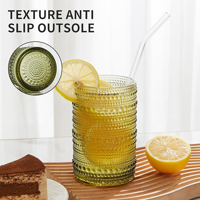 Vintage Hobnail Drinking Glasses Set of 12, 15 oz Highball Glasses & 12 oz Cocktail Glasses Set, Green Kitchen Water Glasses Cup, Bar Tumbler Glassware Set for Beer, Juice, Whiskey, Milk