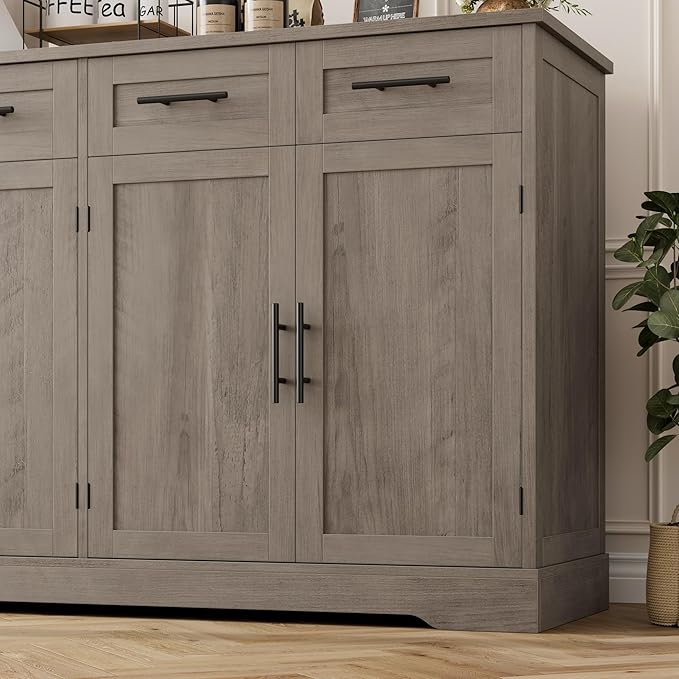 HOSTACK 60" Large Buffet Sideboard with Storage, 36" Tall Kitchen Buffet Storage Cabinet with 4 Drawer, Modern Coffee Bar Cabinet with Black Handle, Long Sideboard Table for Living Room, Ash Gray