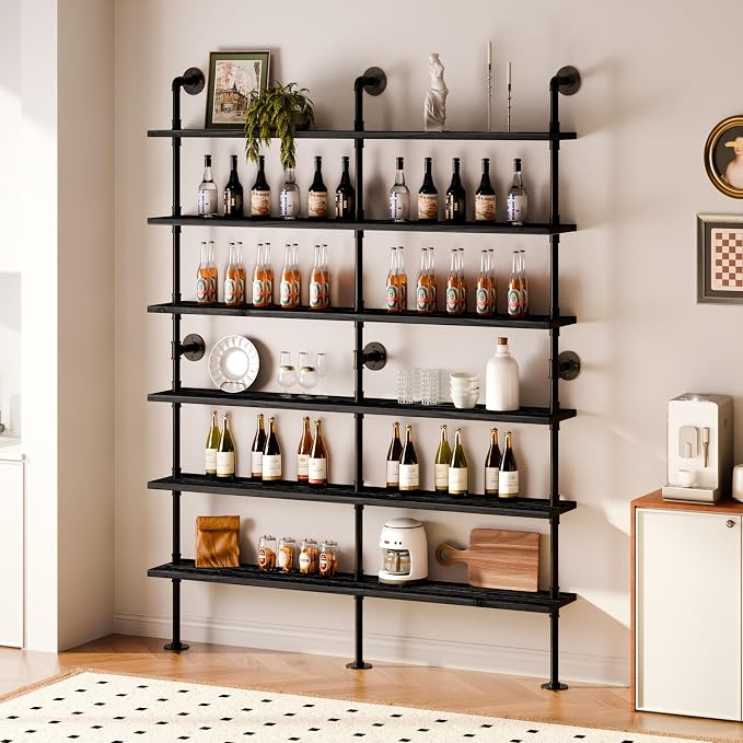 6 Tier Industrial Ladder Shelf Bookcase, Wall Mounted Rustic Bookshelf for Living Room Decor and Storage (Black, 6 Tier - 10" D x 70" W x 82.5" H)