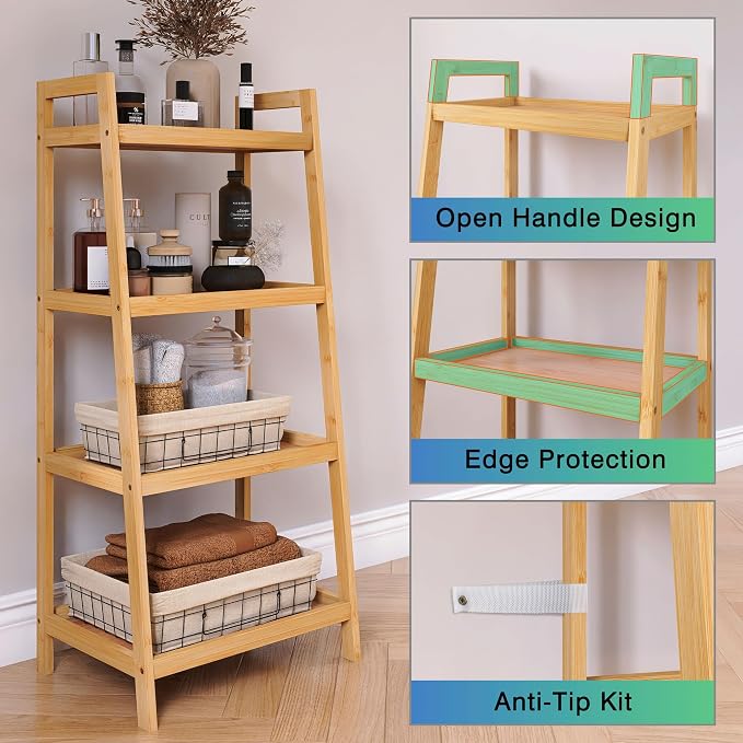 SMIBUY Bamboo Ladder Bookcase, Bathroom Storage Rack Organizer, 4 Tier and 5 Tier Freestanding Plant Display Stand Space Saver Shelves for Bedroom, Kitchen, Balcony (Natural, 4 Tiers (39" H))