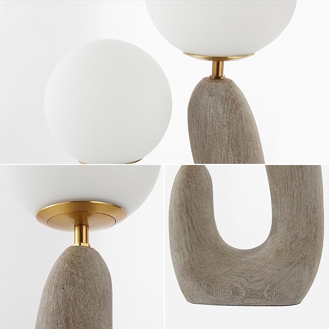JONATHAN Y 18" Gray Wood Finish 2-Light Mid-Century Scandinavian Resin Cactus LED Table Lamp, Brass Iron Accents, Frosted Glass Globe Shades, LED Bulbs Included JYL4064A