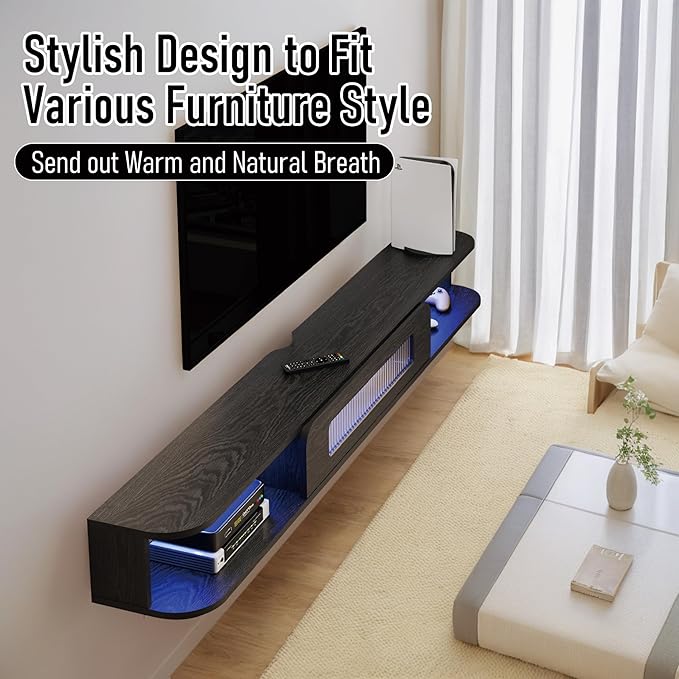 Floating TV Stand with LED Lights, 47'' Solid Wood Wall Mounted TV Cabinet with Glass Door, Mid-Century Entertainment Media Console Center Large Storage Shelf Under TV (47.24IN, Black)