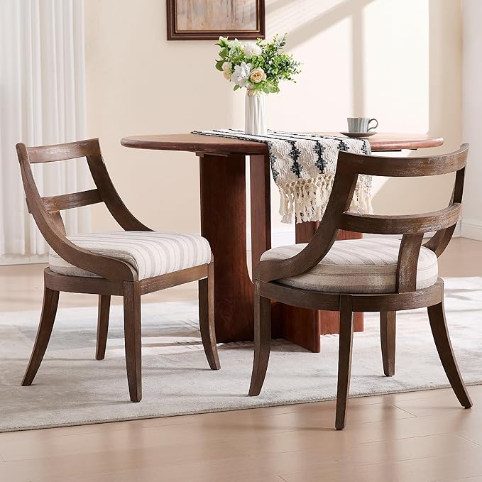 Modern Farmhouse Dining Chairs Set of 2 Mid Century Upholstered Dining Chair with Wooden Curved Back Kitchen Chairs for Dining Room Restaurant Cafe, Brown Walnut Colored-Linen Khaki Stripe