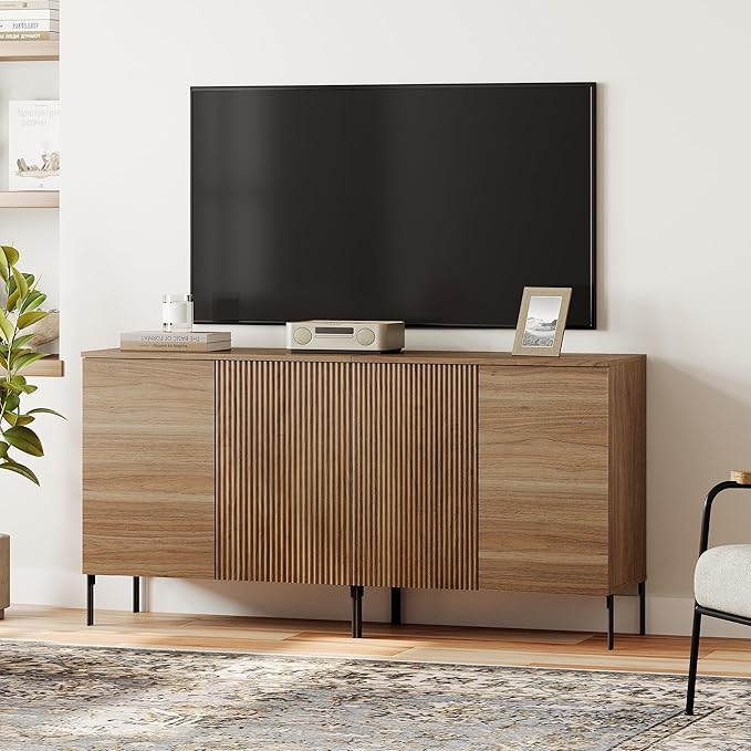 WAMPAT 63" Sideboard Buffet Cabinet with 4 Doors and Adjustable Shelves, Fluted Storage Cabinet, Modern Credenza Coffee Bar Wine Bar Table for Kitchen, Dining Room, Living Room, Light Walnut