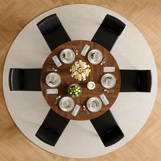 47" Round Dining Table Set for 6, Walnut Wood Grain Table and 6 Black PU Leather Upholstered Chairs Set, Mid Century Modern Kitchen Table Set with Cross Legs