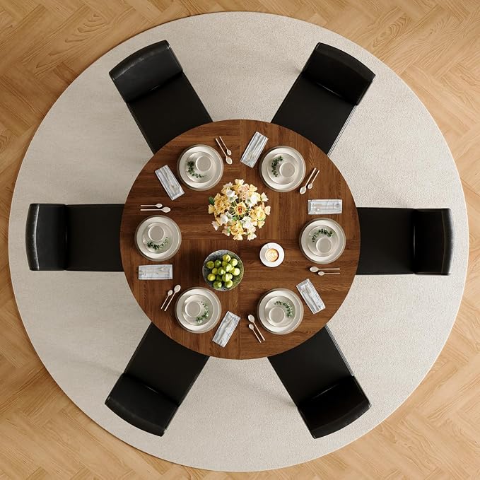 47" Round Dining Table Set for 6, Walnut Wood Grain Table and 6 Black PU Leather Upholstered Chairs Set, Mid Century Modern Kitchen Table Set with Cross Legs
