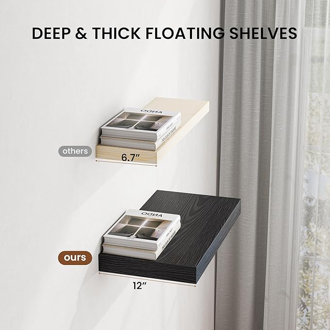 Dreamland 36" Floating Shelves for Wall, 12" Deep Thicker Black Floating Shelves, Wall-Mounted Shelves for Bedroom, Living Room, Kitchen, Bathroom - Set of 2
