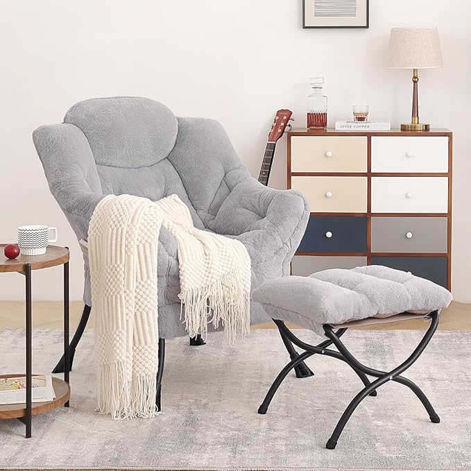 Tiita Lazy Chair with Ottoman, Light Grey Modern Large Accent Armchair, Comfy Leisure Sofa Reading Chair with Footrest for Bedroom, Living Room, Dorm Rooms, Garden, Plush Light Grey
