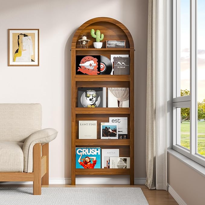 Narrow Tall Wall Mounted Bookshelf for Living Room Bedroom (Brown)