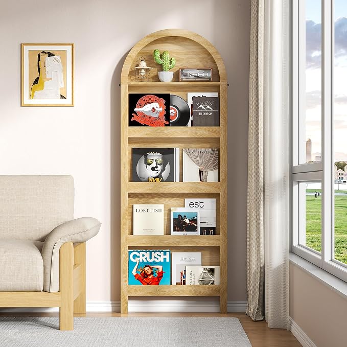 Narrow Tall Wall Mounted Bookshelf for Living Room Bedroom (Light Wood)