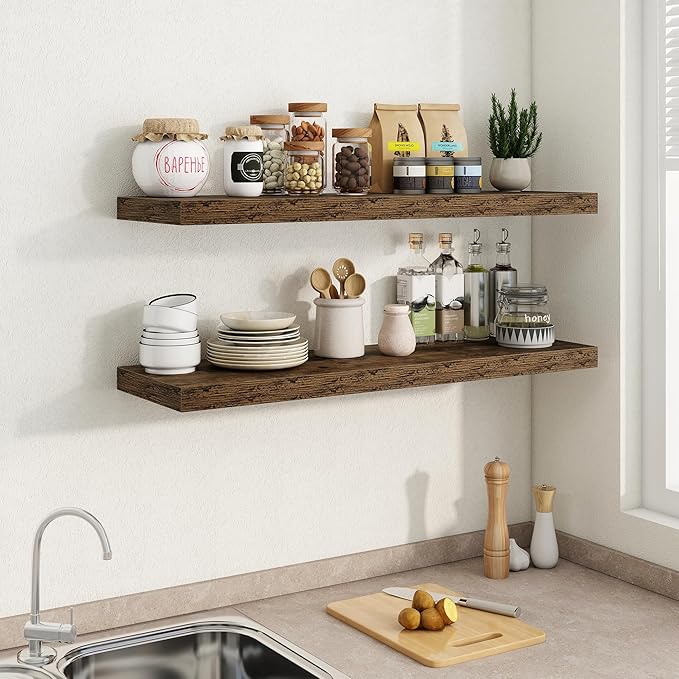 40"W x 9.3"D Floating Shelves for Wall, Wall Mounted Bathroom Shelves 2 Pack Deep Floating Shelf for Bedroom Kitchen Living Room, Rustic Wooden Wall Shelf with Invisible Bracket for Books Decor