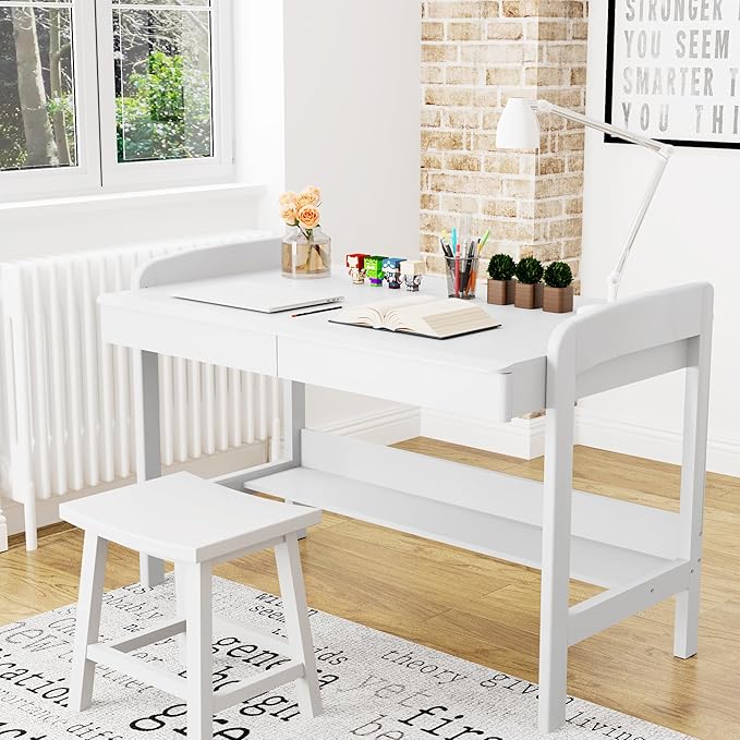 100% Solid Wood Desk with Drawers - 40 Inch Simple Modern Desks, Writing Desk with Drawers & Shelf, Work Study Table, Adjustable Height Home Office Computer Desks - White