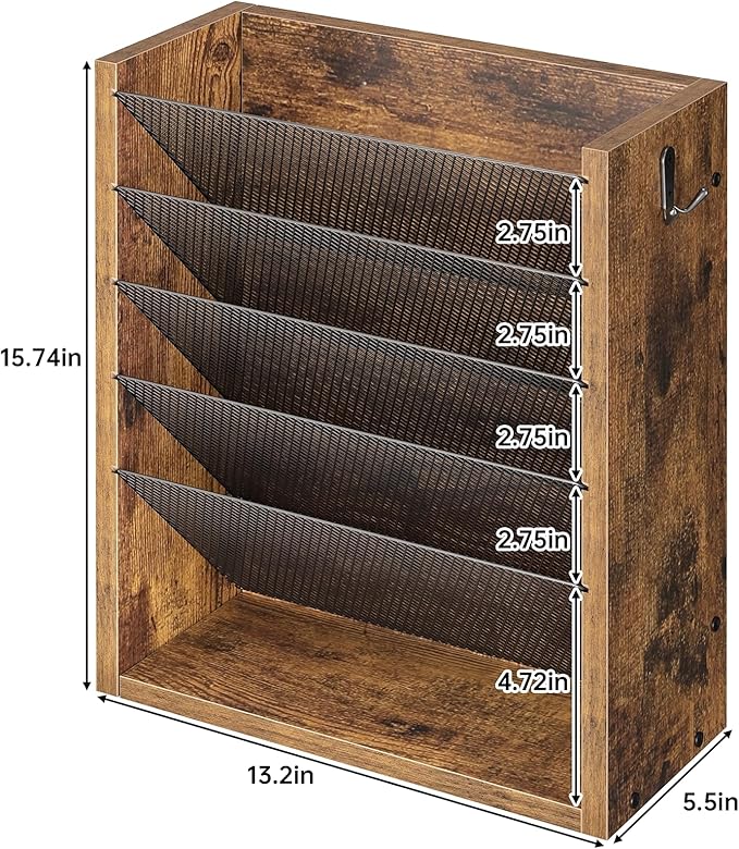 Creso hom Mail Organizer Wall Mounted, 6-Tier Wall File Organizer with 2 Hooks, Wooden Desk Organizer Magazine Holder with Bottom Flat Tray, for Office Home, Rustic Brown