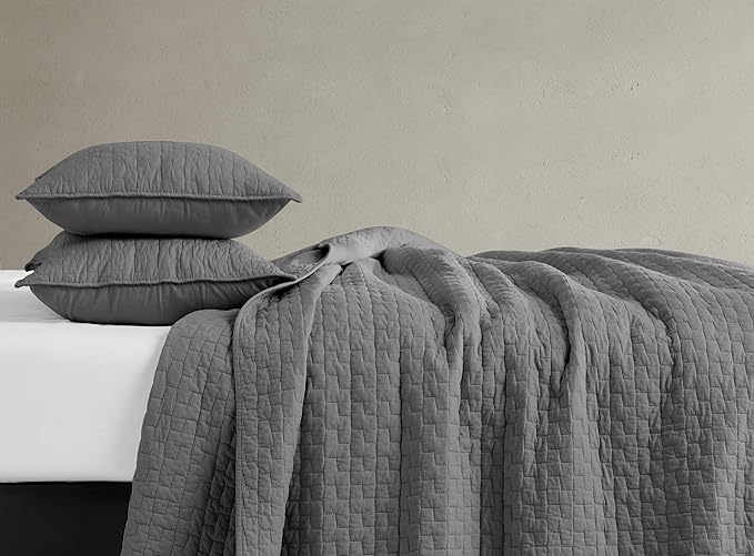 palassio Dark Grey 100% Cotton Quilt Twin Size Bedding Sets with 1 Pillow Sham, Textured Lightweight Soft Bedspread Shabby Chic Coverlet, Quilted Comforter Bed Cover for All Season, 2 Pieces