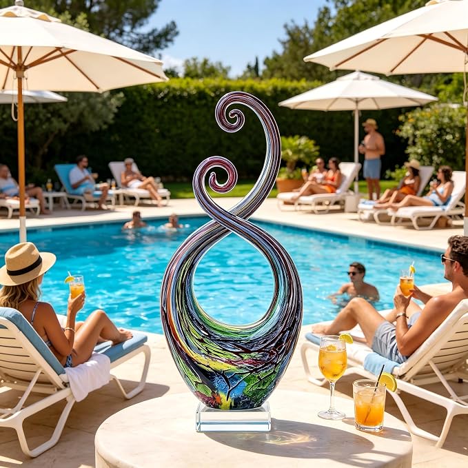 14" Hand Blown Murano Style Glass Sculpture, Abstract Colorful Art Figurine, Modern Designer Home Decor for Living Room Office Patio Garden, Unique Collectible Gift for Art Lovers