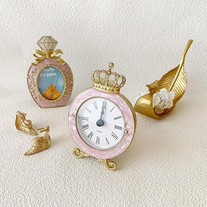 Vintage Mini Analog Table Clock, Silent Crown Table Clock with Hand-Painted Metal Body and Battery Operated Non-Ticking Core for Shelf, Living Room, Bedroom, Bedside, Desk