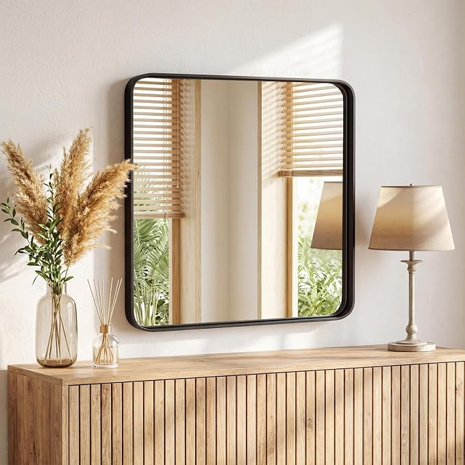 NEWBULIG 36X36 Inch Bathroom Mirror for Over Sink, Wall Vanity Mirrors Tempered Glass, Anti-Rust Metal Framed Rounded Rectangle, Hangs Horizontally or Vertically, Farmhouse Home Decor, Black